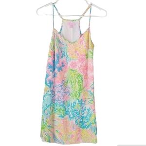 Lilly Pulitzer 100% Silk Dusk Mini Dress Racerback XS Mulitcolor Pink/Green